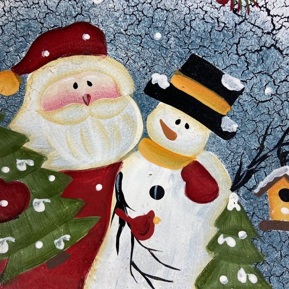 Vintage Wooden Santa & Snowman Hand Painted Dough Bowl Folk Art Rustic Crackle - Picture 4 of 8